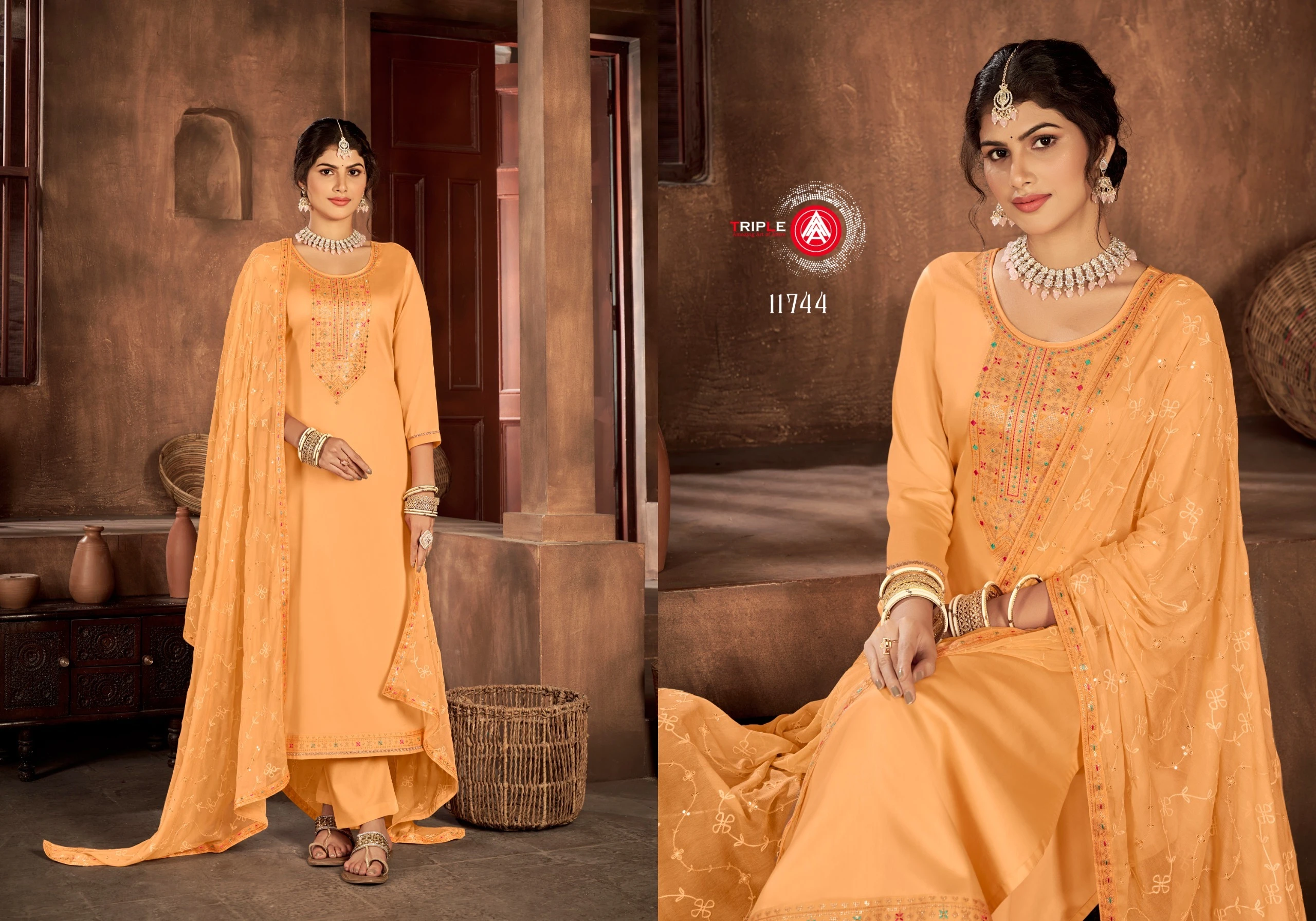 Triple Kaara Pure Jam Silk Wholesale Fancy Salwar Suit Catalog — Wholesale Salwar Suits, MPA wholesale from Surat — view 2